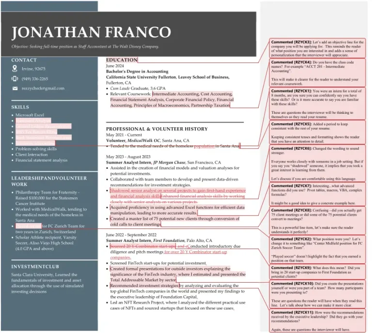 An example of the quality and detailed review of a resume performed by Cameron Fakouri at RezzyCheck.