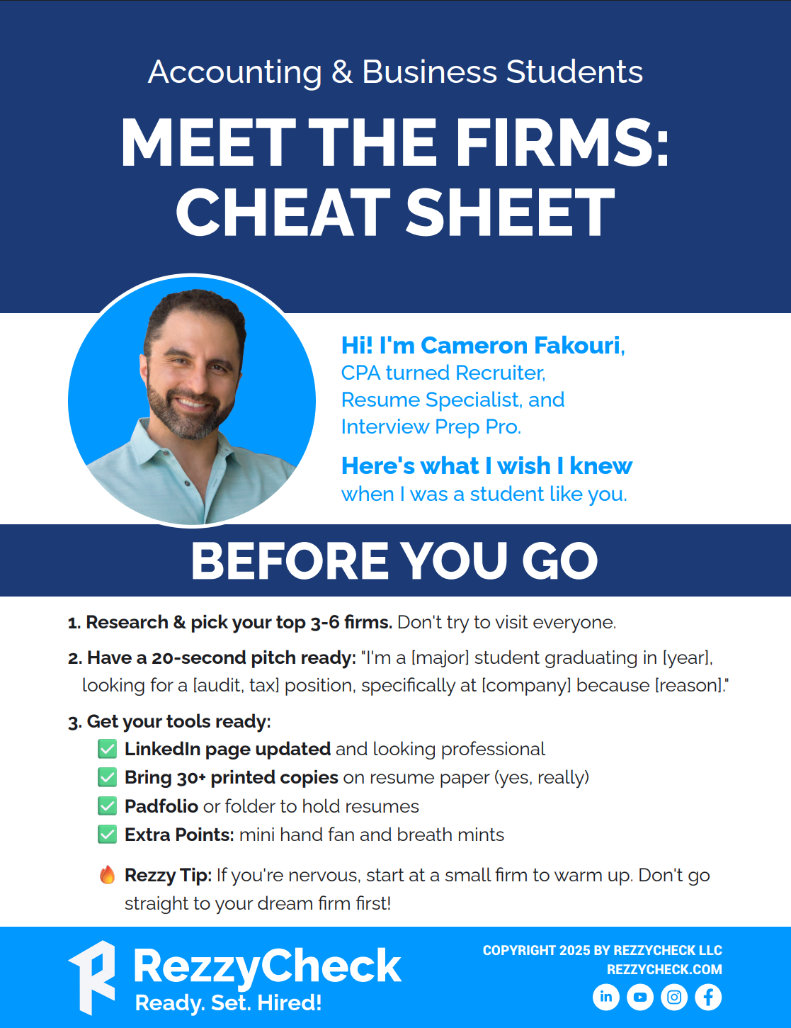 Meet the Firms Cheat Sheet – Free Networking Guide for Accounting Students Accounting student using Meet the Firms cheat sheet to prepare for recruiter conversations